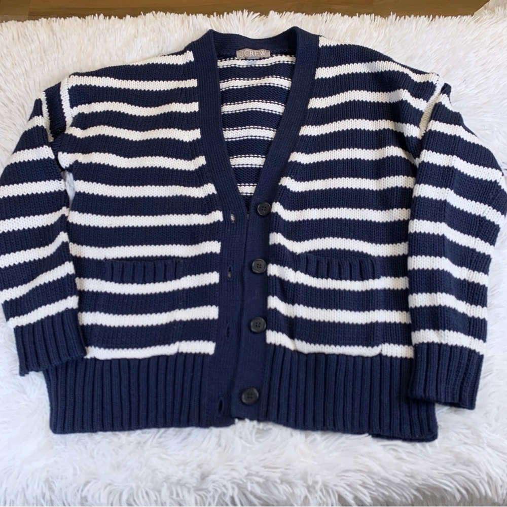 J Crew long sleeve Navy and White Striped cotton Cardigan v neck pockets‎